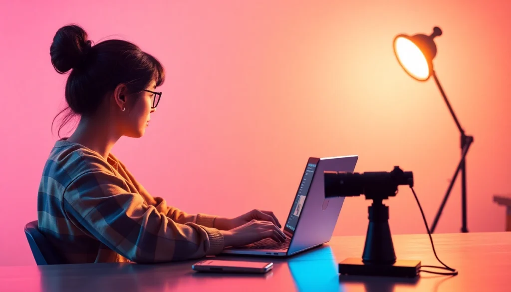 Haciendo dinero en YouTube mientras una persona graba contenido con una cámara y computadora.