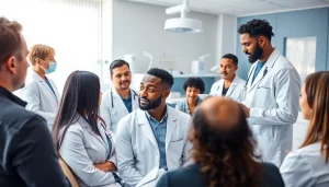 Patients exploring hair transplant london options with surgeons in a modern clinic.