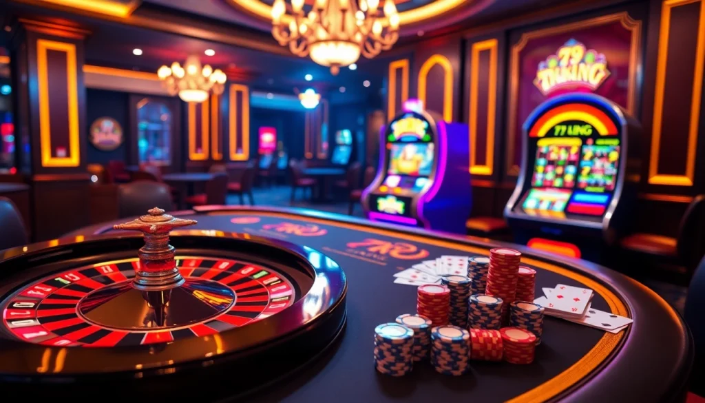 Experience thrilling gameplay at 79king with a luxurious casino setup showcasing roulette and poker.