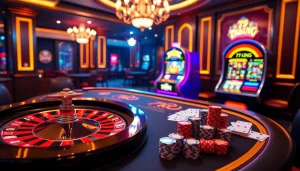 Experience thrilling gameplay at 79king with a luxurious casino setup showcasing roulette and poker.