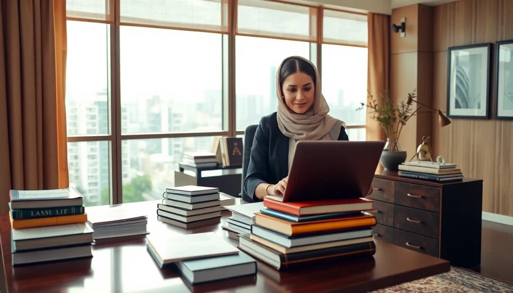 Traducteur arabe certifié travaillant dans un environnement de bureau moderne, illustrant le professionnalisme.
