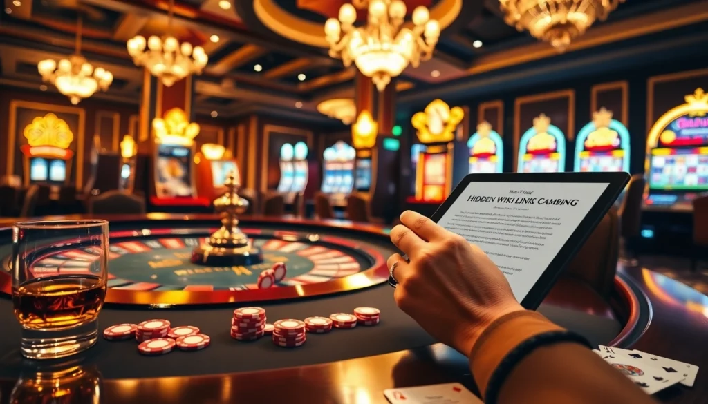 Engaged player exploring hidden wiki links at a luxurious casino table, chips and cards nearby.