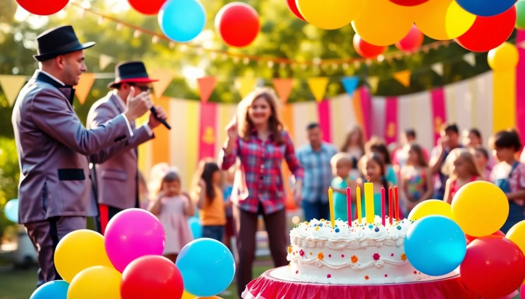 Birthday party entertainers engaging children at a colorful outdoor celebration, creating joyous memories.