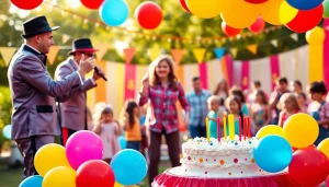 Birthday party entertainers engaging children at a colorful outdoor celebration, creating joyous memories.