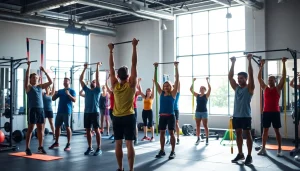Demonstration of pull-up assist bands in a vibrant gym setting, showcasing diverse users enhancing their strength training.