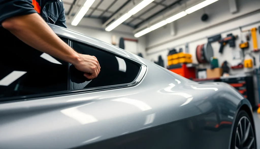 Technician installing ceramic window tint on a car, highlighting professional automotive service.