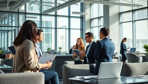 Business professionals discussing 출장 plans in a modern office setting.