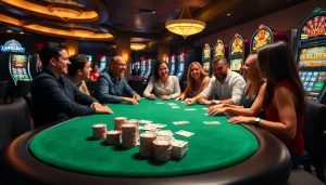 Engaged players experiencing thrilling MK8 betting at a luxurious casino table with poker chips and cards.