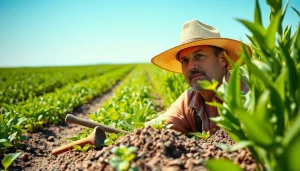 A farmer examines crops while delving into agriculture law, emphasizing sustainable farming practices.