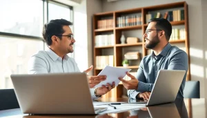 Membahas deposit 1k dengan penasihat keuangan di ruangan modern.