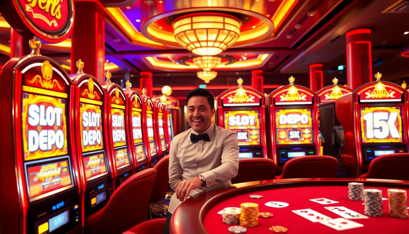 Memainkan mesin slot dengan tampilan "slot depo 5k", dikelilingi chip kasino dan kartu.