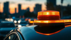 Aktivieren Sie die Warnleuchte V16 auf dem Dach eines Fahrzeugs in einer urbanen Umgebung.