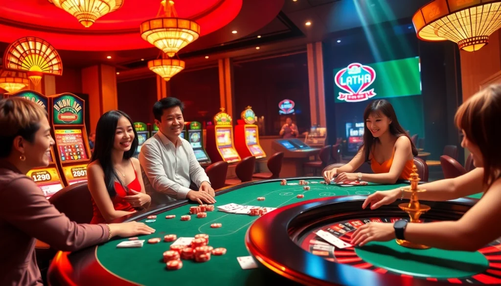 The lively atmosphere of trang chủ rr88 featuring players at luxurious casino tables enjoying poker and blackjack.