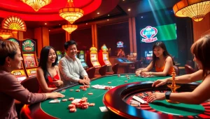 The lively atmosphere of trang chủ rr88 featuring players at luxurious casino tables enjoying poker and blackjack.