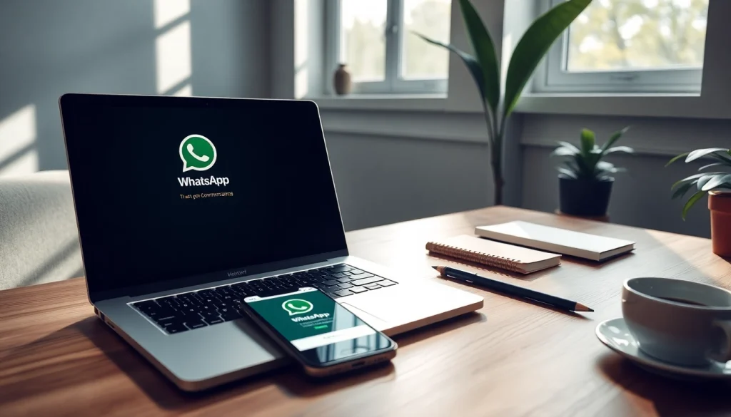 在明亮工作空间的现代笔记本电脑上显示的 WhatsApp网页版界面。