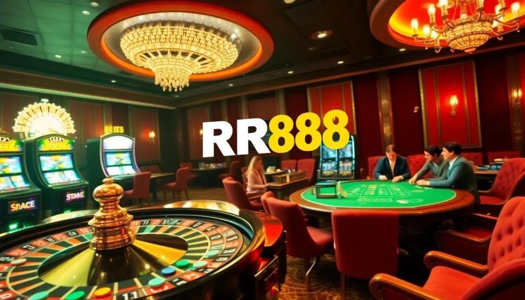 RR88 casino scene featuring roulette, poker, and vibrant slot machines.