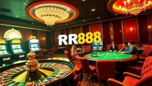 RR88 casino scene featuring roulette, poker, and vibrant slot machines.