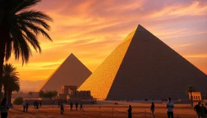 Experience the breathtaking pyraminds against a vibrant sunset backdrop, showcasing their timeless beauty.