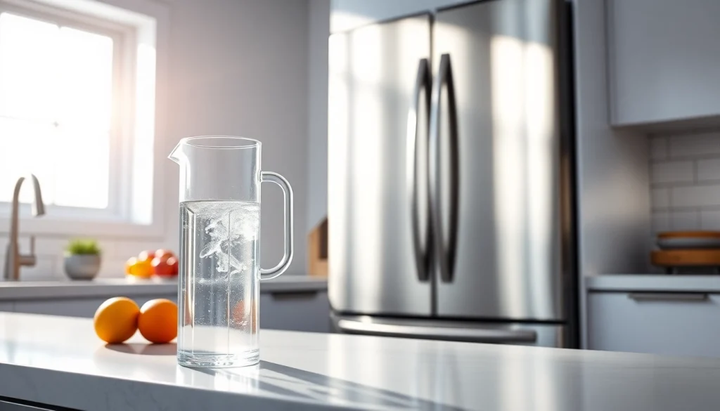 Waterdrop Replacement for GE® RPWFE® filter next to a refreshing water pitcher in a modern kitchen.