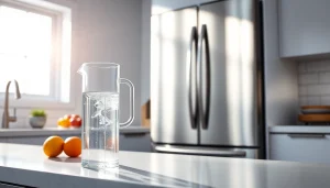 Waterdrop Replacement for GE® RPWFE® filter next to a refreshing water pitcher in a modern kitchen.
