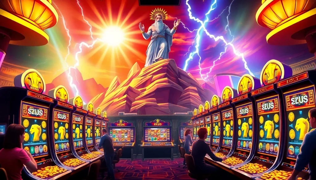Players spinning Slot Zeus machines with lightning-themed designs and bright lights.