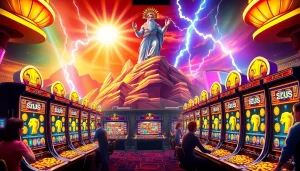 Players spinning Slot Zeus machines with lightning-themed designs and bright lights.