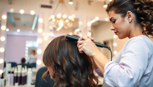 Hairstylist enhancing a client's look in a salon de coafura with professional tools and welcoming atmosphere.