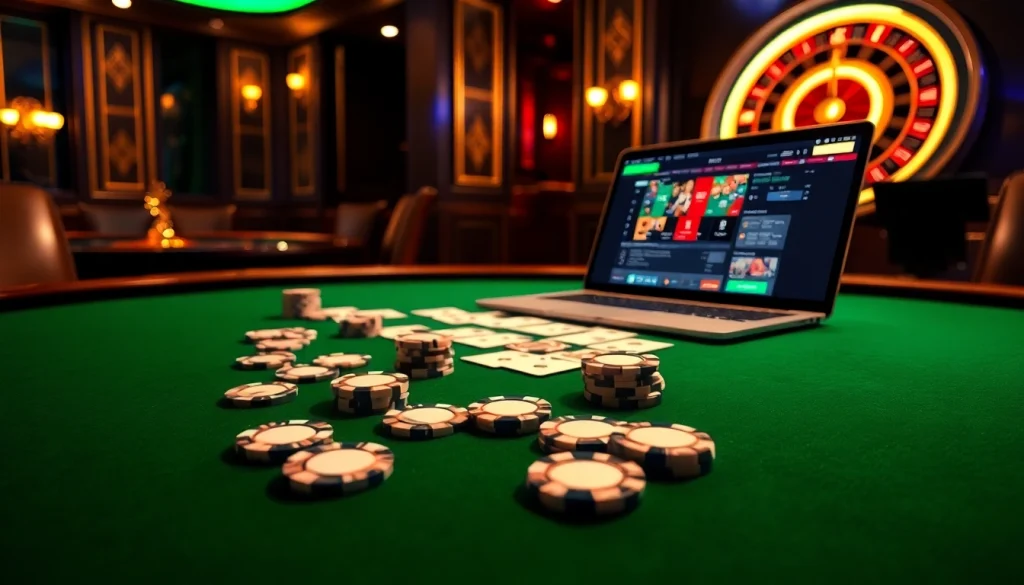 Experience the thrill of רמי אונליין with an upscale poker table and roulette wheel.