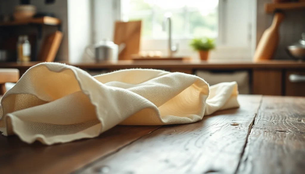 Kaasdoek op een rustieke houten tafel, perfect voor het bereiden van gerechten.