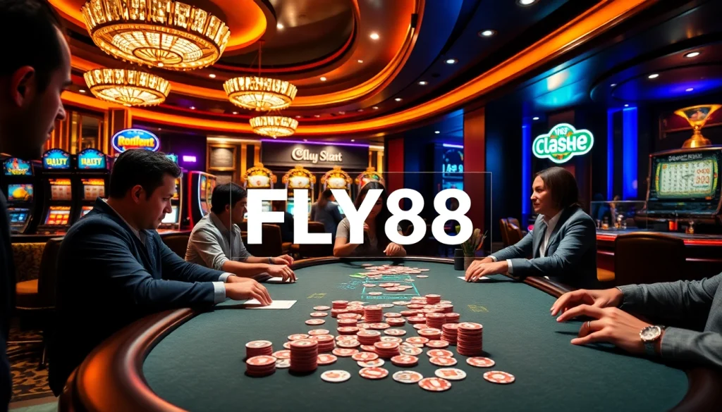 FLY88 poker players strategically engage with colorful chips and cards in a vibrant casino atmosphere.