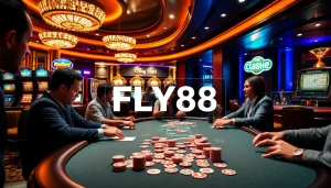 FLY88 poker players strategically engage with colorful chips and cards in a vibrant casino atmosphere.