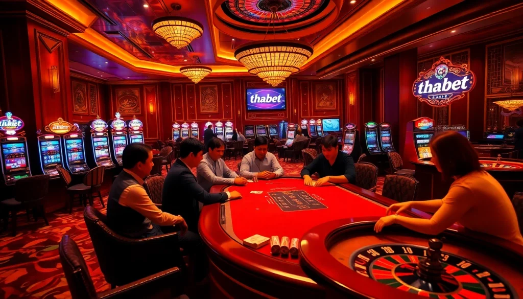 Engaged players at a vibrant casino table representing nhà cái thabet's thrilling gambling environment.