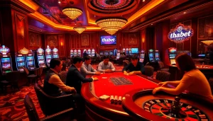Engaged players at a vibrant casino table representing nhà cái thabet's thrilling gambling environment.