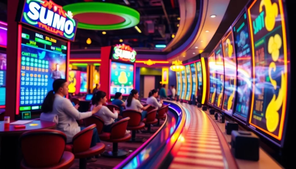 Adegan permainan digital yang mendebarkan menampilkan Sumo Togel dengan warna-warna cerah dan suasana yang menarik.