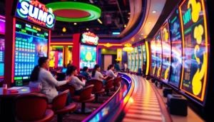 Adegan permainan digital yang mendebarkan menampilkan Sumo Togel dengan warna-warna cerah dan suasana yang menarik.