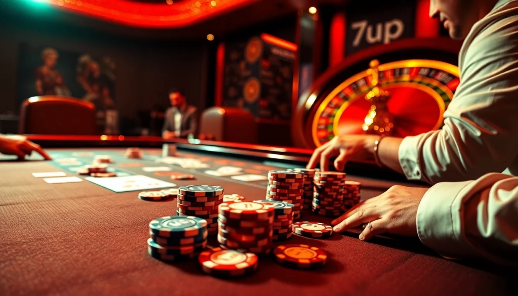 Engage in high-stakes poker at 7upbet's luxurious casino table with vibrant chips and cards.