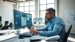 Analyze das 140 data with precision at a modern workspace filled with technology.