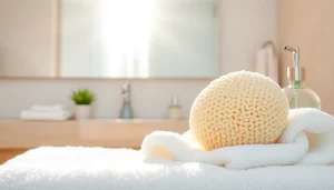 Fresh makeup remover loofah displayed in a serene bathroom setting for skin cleansing.