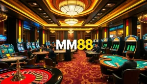 Engaged players at MM88 casino enjoy exciting games with vibrant poker chips and cards.