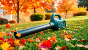 Electric leaf blower clearing vibrant autumn leaves from a lawn.