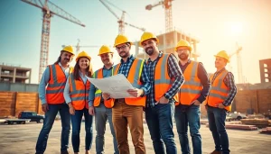 Team members of the construction association South Carolina reviewing blueprints on site.