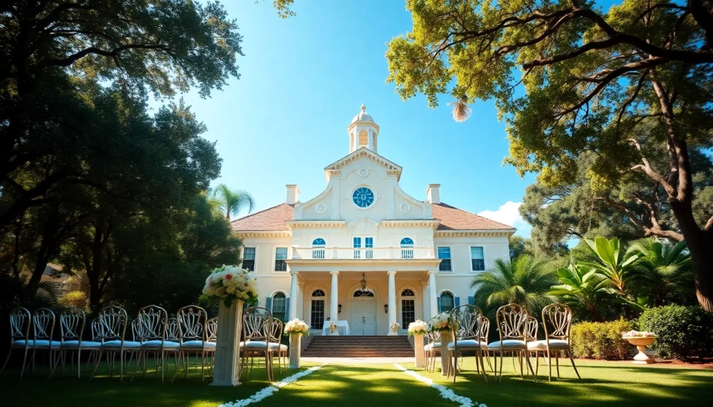 Historic wedding venue Jacksonville FL with lush gardens and elegant outdoor ceremony space.