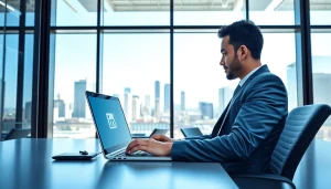 Engaging scene of a LinkedIn account rental process in a vibrant office setting.