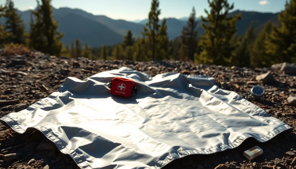 Emergency blanket laid out in nature, showcasing its reflective surface and survival readiness.