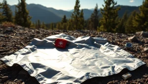 Emergency blanket laid out in nature, showcasing its reflective surface and survival readiness.
