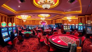 Experience excitement at a high-stakes table in the rik vip casino, showcasing rows of vibrant slot machines.