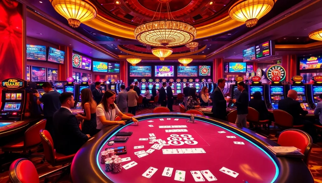 Players enjoying a vibrant U888 casino experience at a luxurious poker table with colorful chips.