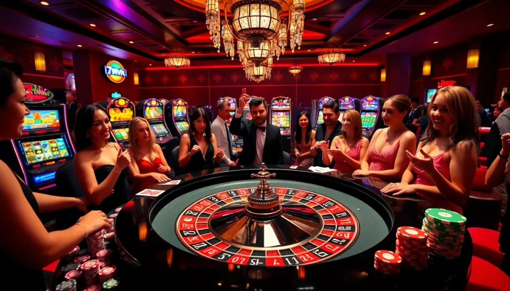 Excited players engaging in a thrilling casino scene at a roulette table featuring the 7mvn digital interface highlights.