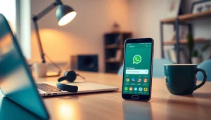 Engaging visual of GB WhatsApp app on a smartphone in a cozy home office setting.