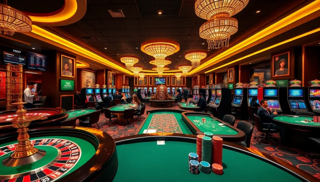 Players enjoy the casino gaming experience at Tk88 MVP with vibrant slot machines and poker tables.